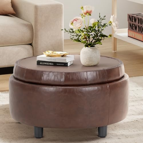 COLAMY Hocker mit Stauraum, Modernes Kunstleder Sitzhocker mit Stauraum, Gepolstert Rund Fußhocker Aufbewahrung mit Holzbeinen für Wohnzimmer Schminktisch Schlafzimmer Schlafzi, Braun