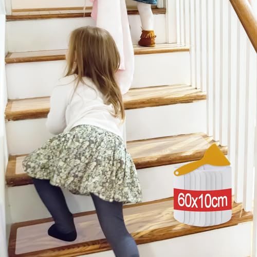 puiaxod 15 Stück Transparent Treppenstufen Matten, 60x10cm Stufenmatten Selbstklebend, PEVA Treppenteppich, Antirutsch Teppich, Wasserdicht Anti Rutsch Treppen Streifen für Holzstufen Boden