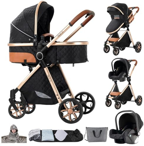 3 in 1 Kinderwagen Schwarz&Gold, Hochlandschaft | Stabiler Aluminiumrahmen und hohe Sitzposition für besseren Ausblick. Einfach faltbar,faltbar mit kostenlosem Badetuch
