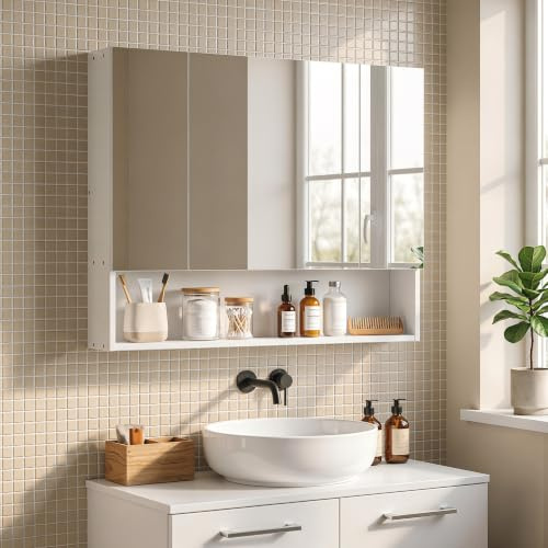 kleankin Badezimmerspiegelschrank 3-türig Medizinschrank offen Regal Weiß | Verstellbare Regale, Wandmontierter Badezimmerspiegel mit Aufbewahrung, Soft-Close-Scharniere, große Kapazität