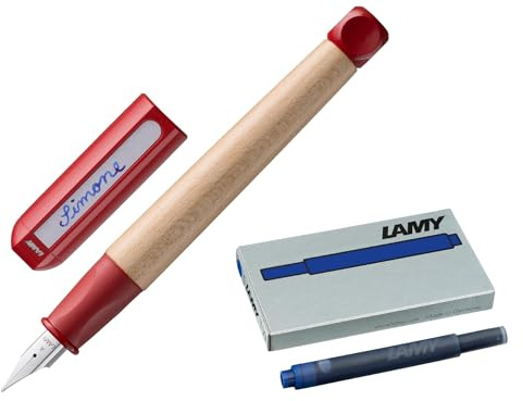 Lamy abc red Füller - kindergerechter Schreiblernfüller mit ergonomischem Griff & polierter Stahlfeder in Strichbreite A robustes Ahorngehäuse inkl. Tintenpatrone T10 blau - Rechtshänder Anfänger Set