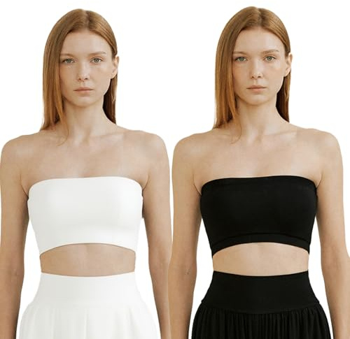VPB 2 Soutien-Gorge Bandeau sans Bretelles,Soutien-Gorge Bandeau sans Coutures,Haut Court Non rembourré pour Femme（Noir Blanc）
