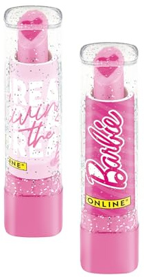 ONLINE Barbie - Juego de gomas de borrar con aspecto de lápiz labial, 2 gomas de borrar para niños, material escolar para niñas, goma de borrar rosa con tapa de purpurina, regalo para la