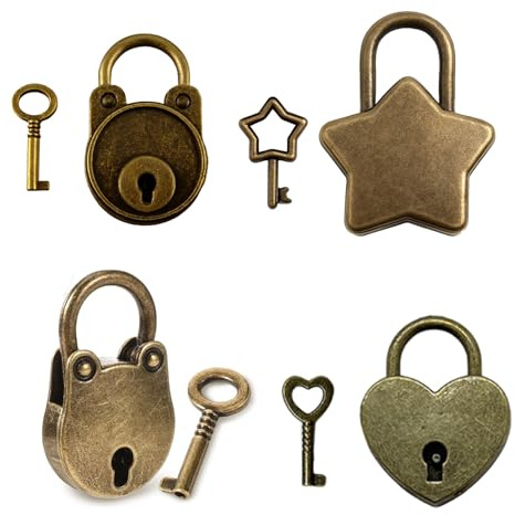 4 Stück Mini Vorhängeschloss Set in Antik Bronze, Liebesschloss mit Gravur, Vintage Vorhängeschloss mit 4 Schlüsseln für Schrank, Schmuckkästchen, Tagebuch, Schublade, Koffer und als Deko