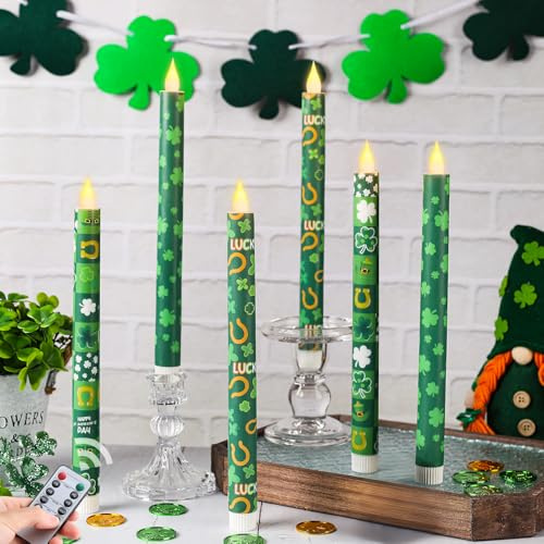 LCZLUMIPRO 6Pcs St. Patrick' s Day Flameless Taper Candles, 10.63 Green Battery Operated LED Shamrock Candles with Lucky Charms,Remote Timer, Candlesticks,Irish Party Favor Gifts for Home Table Decor