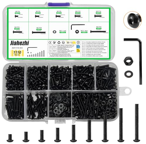 Jiahezhi 110 Pcs M2.5 Bolts and Nuts Set Hex Socket Button Head Cap Screws | Black Round Head Hexagon Socket Bolts, Machine Screws and Nuts Washers Set with Wrench, Nuts And Bolts Assortment for DIY