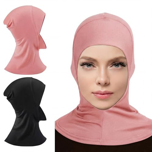 Geyoga Modal Hijab Cap for Women Adjustable Muslim Stretchy Turban Full Cover Shawl Cap Full Neck Coverage(Pink, Black)