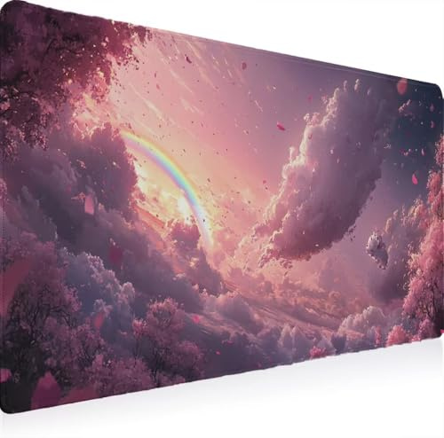 Tapis Souris XXL 700 x 300 Grand Prolongé Tapis Souris, Gamer Bureau Rubber Base Anti Dérapage, Imperméable Mouse Pad, Haute Précision Vitesse Bords Cousus Les Nuages Fleur De Cerisier W0G1-1045