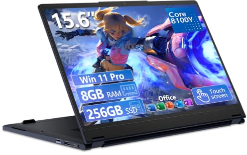 15,6 Pouces Ordinateur Portable 2 en 1 Écran Tactile avec Core i3 8100Y Processeur, Win 11 PC Portable 8 Go RAM 256 Go SSD 360° Rotation 1080P FHD IPS Écran, léger Laptop avec Type-C, USB 3.0