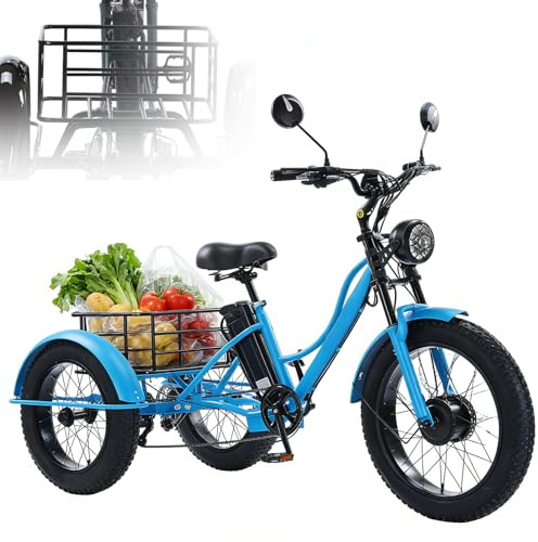 Elektrisk trehjuling med elektrisk assistans för vuxna, 24 tums lastcykel med 200 kg lastkapacitet, blå komfortkorg och skoter för racing och utomhus