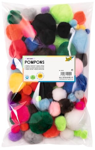 folia 50109 - Pompons 100 Stück, sortiert in verschiedenen Farben und Größen - ideal für farbenfrohe Bastelarbeiten