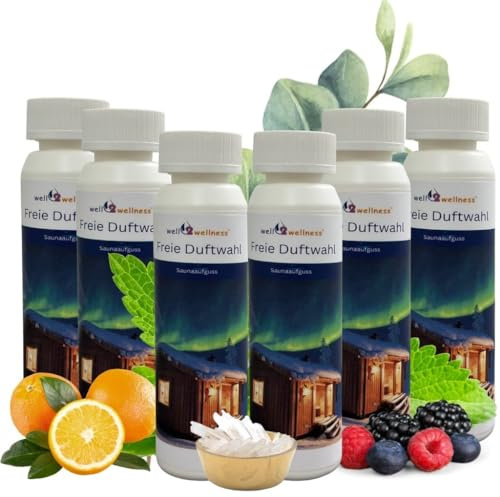 Well2wellness® Set Infusione-Sauna 6 x 250 ML Fragranza Sauna (Libera Scelta Del Profumo) Plus Mentolo Pharmazeutisch Testato 25g