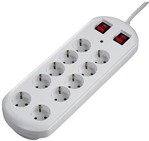 Hama Steckdosenleiste 10-Fach (Überspannungsschutz, Zwei Schalter zur Gruppenschaltung, Ösen zur Wandmontage, Kabelorganizer, 45° gedreht, max. 3500 W, 2 m Kabel) weiß