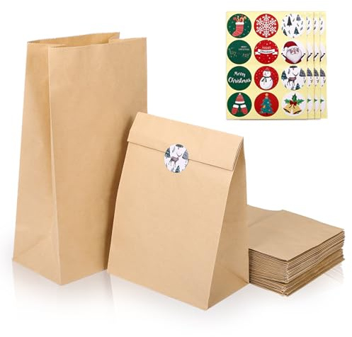 Kesote 48 Pezzi Sacchetti Regalo Natale Buste Regalo Natale Set di 48 Sacchetti + 48 Adesivi di Sigillo per Regalo, Caramelle, Biscotti, 27 x 15 x 9 cm