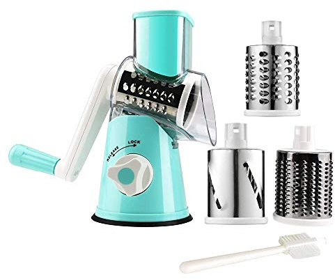 Manual Rotary Cheese Grater Round Vegetable Potato Carrot Mandoline Slicer Nuts Grinder with Cleaning Brush for Kitchen(Blue)