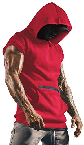 Lomon Tanktopp för herr, ärmlös muskelskjorta, träning, sport, fitness, huvtröja, undertröjor med mobiltelefonfickor, röd, XXL