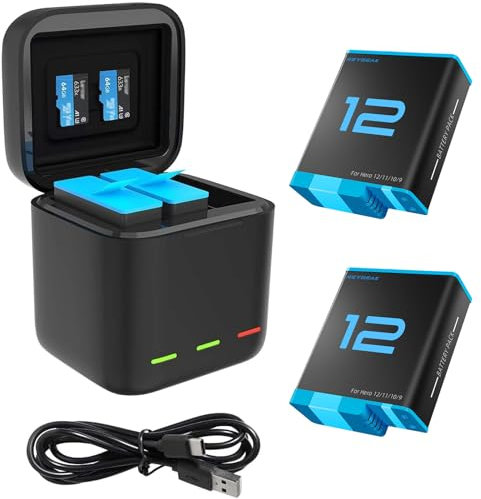 REYGEAK Hero 12 Hero 11/10/9 batteria，Batteria ricaricabile per GoPro Hero 12/11/10/9,Caricabatteria tripla e scatola di immagazzinaggio di batteria con caricabatteria (Caricabatterie + 2×batteria)