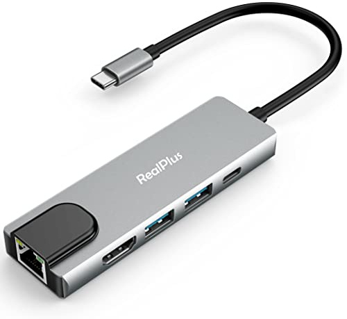 Hub USB C con Ethernet,RealPlus 5 En 1 Adaptador USB C con HDMI 4K,Ethernet, 2 Puertos USB-A, Carga Súper Rápida de 100W,USB C Dock para Macbook Air M1 Macbook Pro DELL XPS 15, iPad Pro,Switch