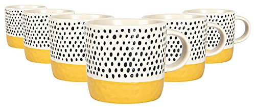 Nicola Spring Ceramic Coffee Mugs Set - 385ml - 6pc Mustard Dipped Dots Stoneware Coffee Cups Dishwasher & Microwave Safe Large Tea Mugs for Hot Drinks, Hot Chocolate, Tea