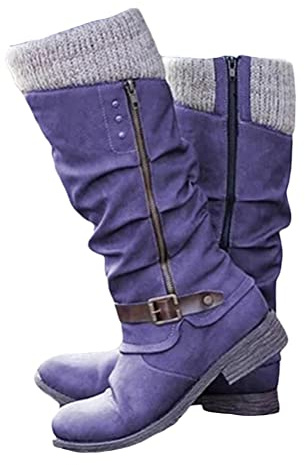 Minetom Bottes Femmes Chaussures Doublure Chaude Hiver en PU Cuir Souple Bottines Plats Boots Cavalière Larges Fermeture Éclair Bottes Équestres B Violet 40 EU