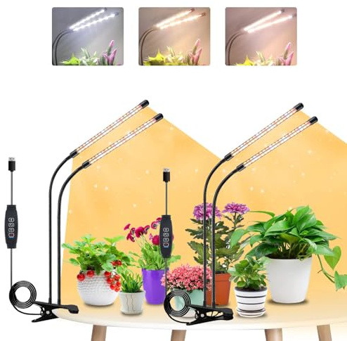 Niello Lampe pour Plantes, 2 têtes+2 têtes Lampe LED Horticole, Auto on/off 3/9/12H, Spectre Complet Lampe de Croissance pour Succulentes, Orchidee (Sans adaptateur)