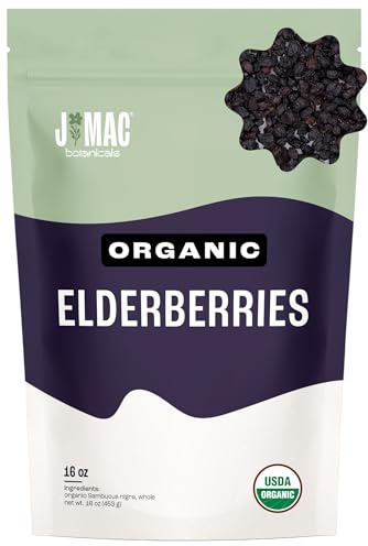 J Mac Botanicals Certified USDA - 100% Organic Dried Elderberries - 1lb Bulk - Non-Irradiated, Non-GMO, Whole Black Elderberry Immune Support - Raw Vegan Sambucus 1 Pound