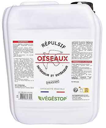 Répulsif Oiseaux - Liquide - 5 L - Dissuasif pour l'extérieur - Pigeons, tourterelles, corbeaux, mouettes... - Anti-déjections, anti-destruction - Aux huiles essentielles