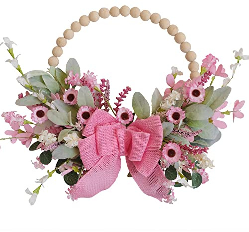 TEMPUS 16 Spring Wooden Beaded Door Wreath Pink Daisy, Burlap Bow Wreath, Valentine's Day, Wedding Indoor and Outdoor Decor Farmhouse Door Decorations