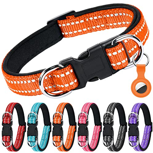 AUAUY Collare Cane, Collare per Cani in Nylon Riflettente, Regolabile Collari, Anello Doppia D, Fibbia Staccabile, Morbido e Imbottito, per Cani di Taglia Piccola, Media e Grande (Arancia-S)