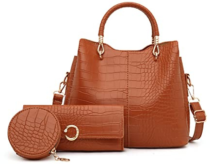 NICOLE & DORIS Handtaschen Damen Set Shopper Schultertasche Krokodil Handtasche Mittelgroß Frauen Umhängetasche PU Leder Büro Henkeltasche 3-Teiliges Tasche mit Geldbörse Braun