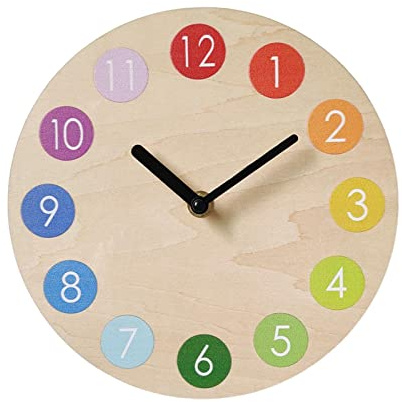 perfk 27,9 cm Bunte Kinder-Wanduhr aus Holz, tickt Nicht, hochwertiger Quarz, leicht ablesbar, leise, für Büro, Wohnzimmer, Küche, Klassenzimmer, Schule, Schwarze Hände