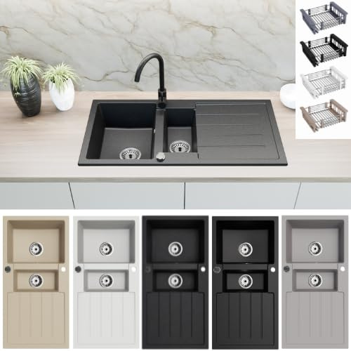 Faizee Home | Granitspüle 100x50 cm Schwarz – Beidseitig montierbar & kratzfest | Inkl. Armatur, Spülkorb & Siphon-Set | Hochwertige Küchenspüle aus Granit für modernes Küchendesign