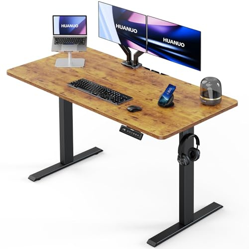 HUANUO Electric Standing Desk, 55 x 24 Height Adjustable Desk, 4 Memory Height Settings, Sit to Stand Up Desk for Home Office, with Headphone Hook, Cable Manager, Rustic Brown