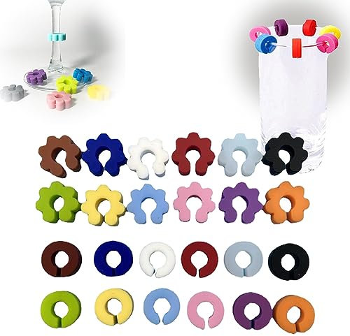 LJFEA Marqueur Silicone 24 couleurs,Marqueurs de verres à vin,Marqueurs de verres à vin réutilisables Marqueurs, Pour diverses tasses, Fournitures de décoration, Silicone