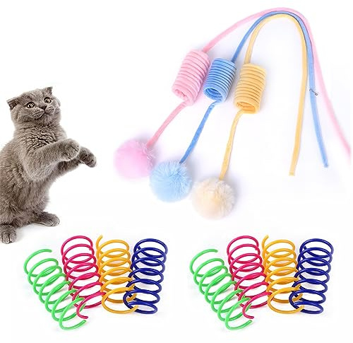 Hsupez Interaktives Spielzeug Set für Katzen, 3 Stück Katzenspielzeug Selbstbeschäftigung Hängende Türrahmen für Indoor mit Saugnapf, 8 Stück Bunte Kunststoff Spiralfedern Spirale Katzenspielzeug