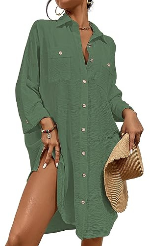 Bsubseach Damen Button Down Strandkleid V-Ausschnitt Badeanzug Resort Wear