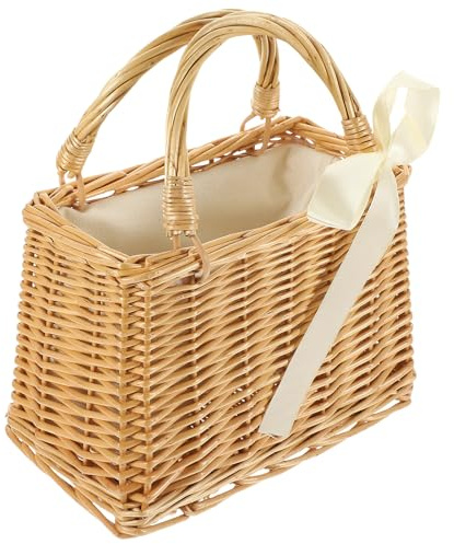 DEARMAMY Décor Vintage À Main En Osier Tissé À La Main Panier En Rotin Avec Rubans Pour Le Shopping Pique- Maison Plein Air Pour Femmes À Bandoulière Décontracté