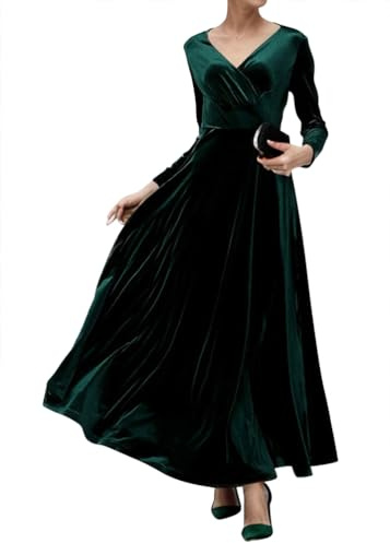 Onsoyours Vestito da Sera Donna Elegante Abito in Velluto Caldo Manica Lunga Scollo A V Vita Alta Maxi Abiti Cocktail Clubwear Gonna A Dondolo A Verde M