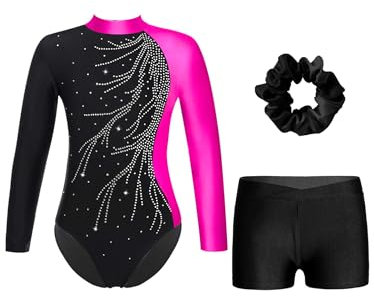 Jowowha Mädchen Turnanzug Glitzer Gymnastikanzug mit Turnshorts Haarband Set Langarm Ballettanzug Trikotanzug Turnen Performance Tanzkostüm Aa Rosa&Schwarz 158-164