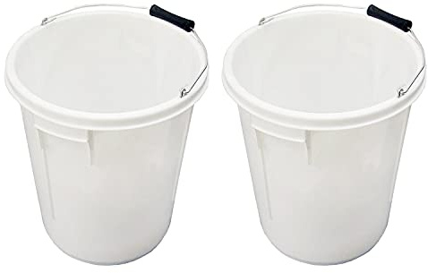 Set of 2-25Litre White Round Plastic Bucket Depth Gauge Plasterers Bucket Car Wash Bucket Cleaning Storage Container Fermentation Buckets Bait Bucket (With Metal Handle and Black Rubber Grip)