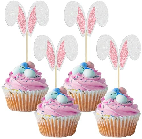 Gyufise 24 Pack Happy Easter Cupcake Toppers Easter Bunny Ear Cupcake Picks Happy Easter Theme Baby Shower Kids Birthday Party Cake Decorations Supplies