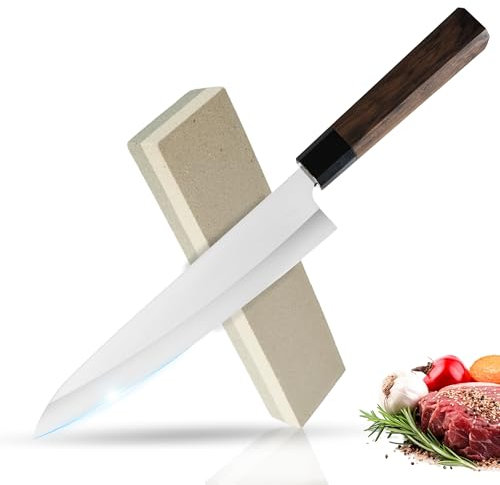 Cuchillo Japonés Gyuto Takamura de 20 cm - Hoja de Acero Inoxidable Duradera - Afilador de Cuchillos Profesional Incluido - Perfecto para Cocina Profesional y Doméstica