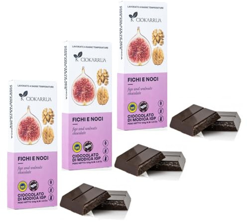 Ciokarrua® | Higos y nueces de chocolate Modica | Chocolate crudo Módica IGP | Barra de Chocolate Sin Lactosa - 3 x 100 Gr