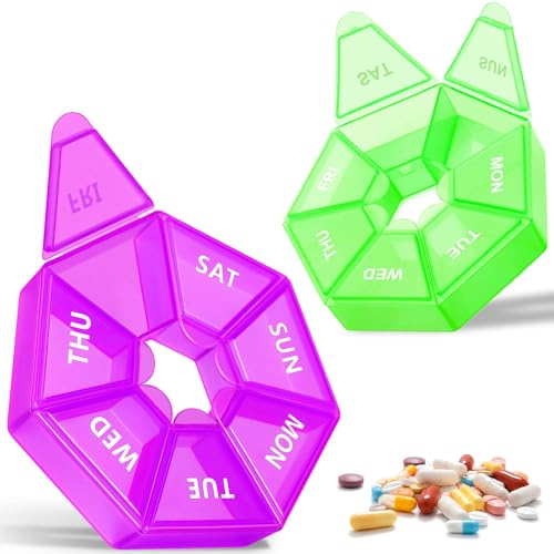 NICEIN®Tablettenbox 7 Tage-2 Stück Set,Morgens Abends Runden Pillendose,Tragbare und Feuchtigkeitsbeständiger Medikamentenbox,BPA-Freier Tabletten Organizer für Medikamente,Vitamine（lila+grün）