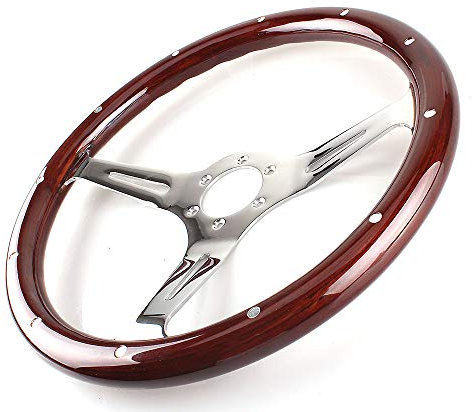 Sportlenkrad Klassische Mahagoni-Holz-Getreide-Braun-Trimm-Rennsteuerungsrad mit Niet 15inch 38 cm Universal-Auto-Sport-Lenkrad Holzlenkrad