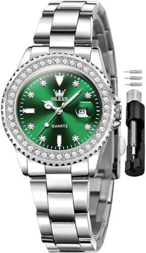 OLEVS Montre automatique tendance pour femme en céramique analogique diamant élégante en acier inoxydable avec date Or rose, 9945 : argent et vert, Bracelet