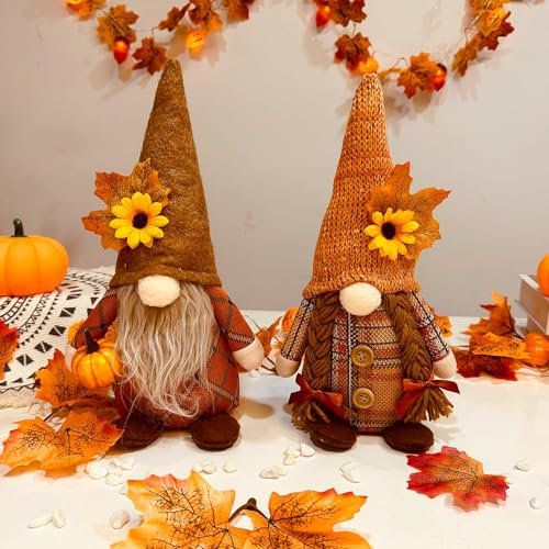 FONDUO 2 Stück Herbstdeko Wichtel, Herbst Deko Zwerge mit Ahornblatt Kürbis Deko, Herbst Dekoration Herbstdeko Zum Niedlichen Wichtel Figuren Plüsch für Geschenk Fall Decor Thanksgiving (A)