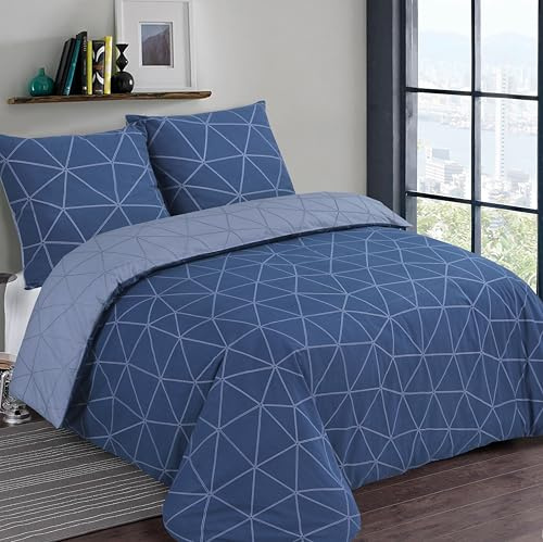 Vision – Wendebettwäsche - Hugo blau/jeansblau – Set mit Bettbezug 200 x 200 cm und 2 Kissenbezüge für Doppelbett – 100 % Baumwolle