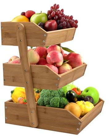 evomosa Cesta de Frutas ,Frutero de bambú de 3 pisos para la cocina, 16.3‘’ de altura, gran capacidad multiusos para frutas, verduras y aperitivo