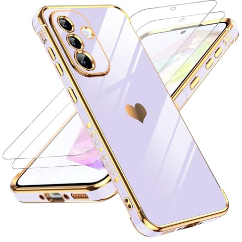 LeYi Coque pour Samsung Galaxy A36/A 36 avec 2 Verre Trempé Silicone Forme de Coeur d'amour, Housse Étui de Protection Antichoc Anti-Rayures Souple TPU Légère Coque Samsung A36- Violet